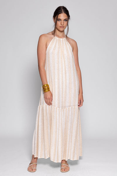 ZAHARA LONG DRESS SAINT BARTH STRIPES OFF WHITE AND BEIGE – Sundress.fr