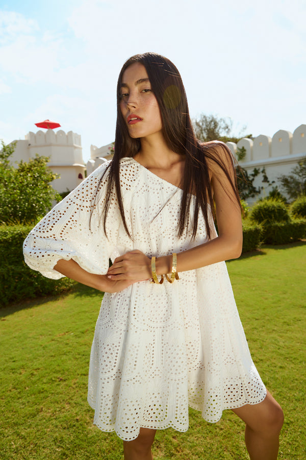 LOUISA SHORT DRESS PINEAPPLE EYELET WHITE