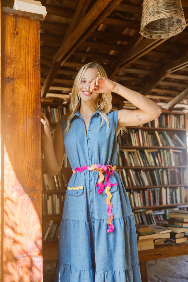 CANELLE LONG DRESS DENIM WITH RICKRACK