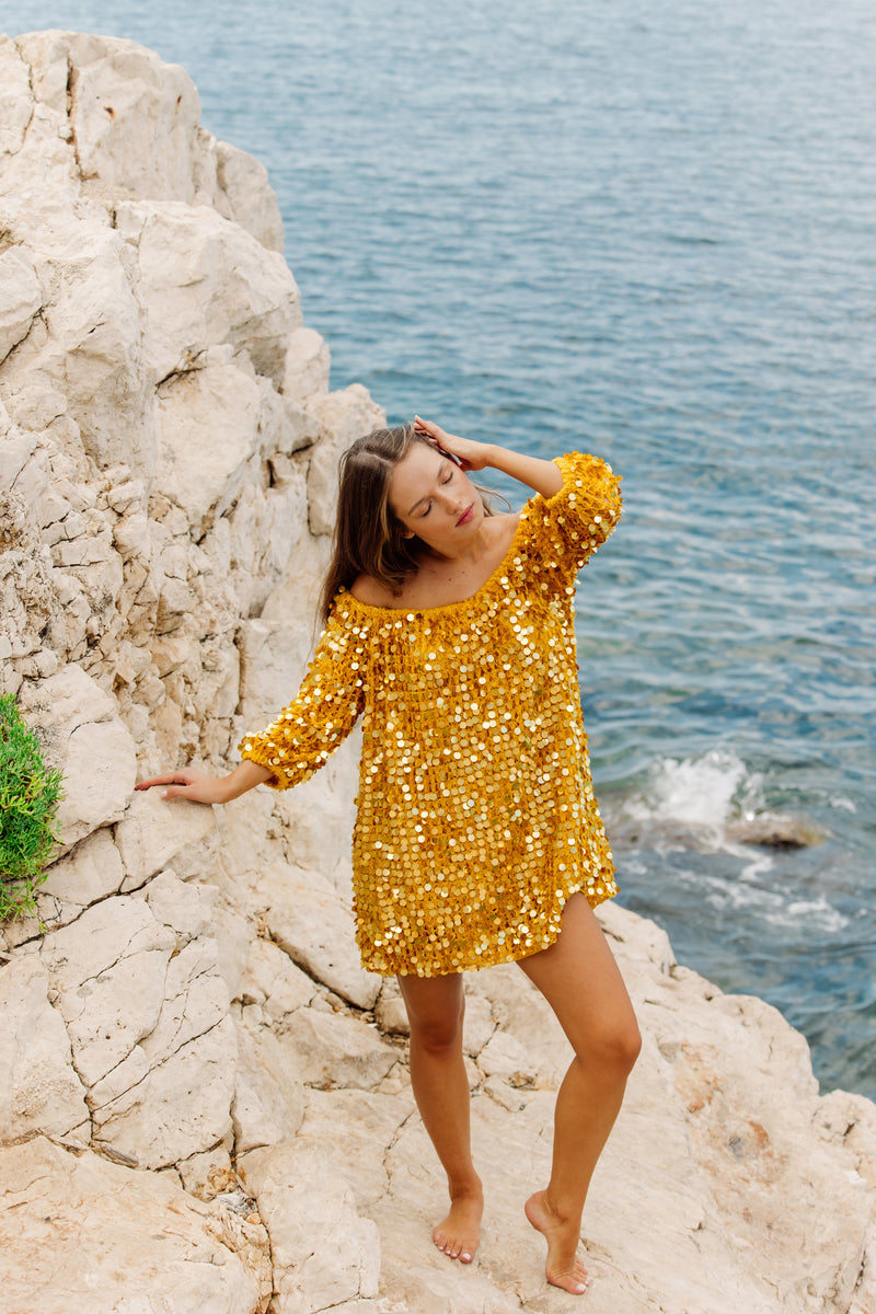 CARINA SHORT DRESS CROCHET BIG SEQUINS YELLOW Sundress.fr CARINA SHORT DRESS CROCHET BIG SEQUINS YELLOW Sundress.fr